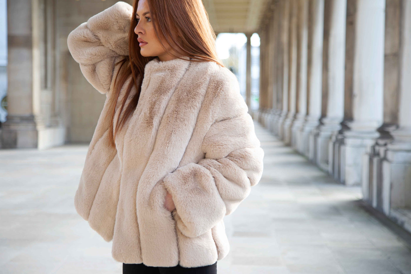 Furri, luxury, brand, british, girl, london, faux fur, coat, duo coat beige, free from fur, ginger, designer